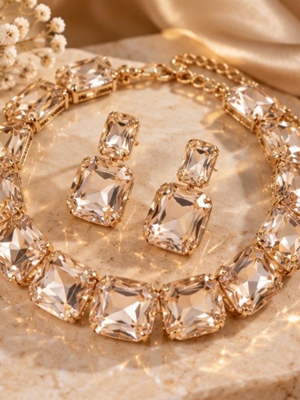 Oversized Champagne Crystal Statement Necklace & Drop Earrings Set Fifi’s Closet - Picture 4 of 6